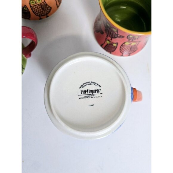 Pier 1 Imports Kitschy Owl Mugs Colorful Stacking Coffee Tea 4 Piece Set - Picture 5 of 5